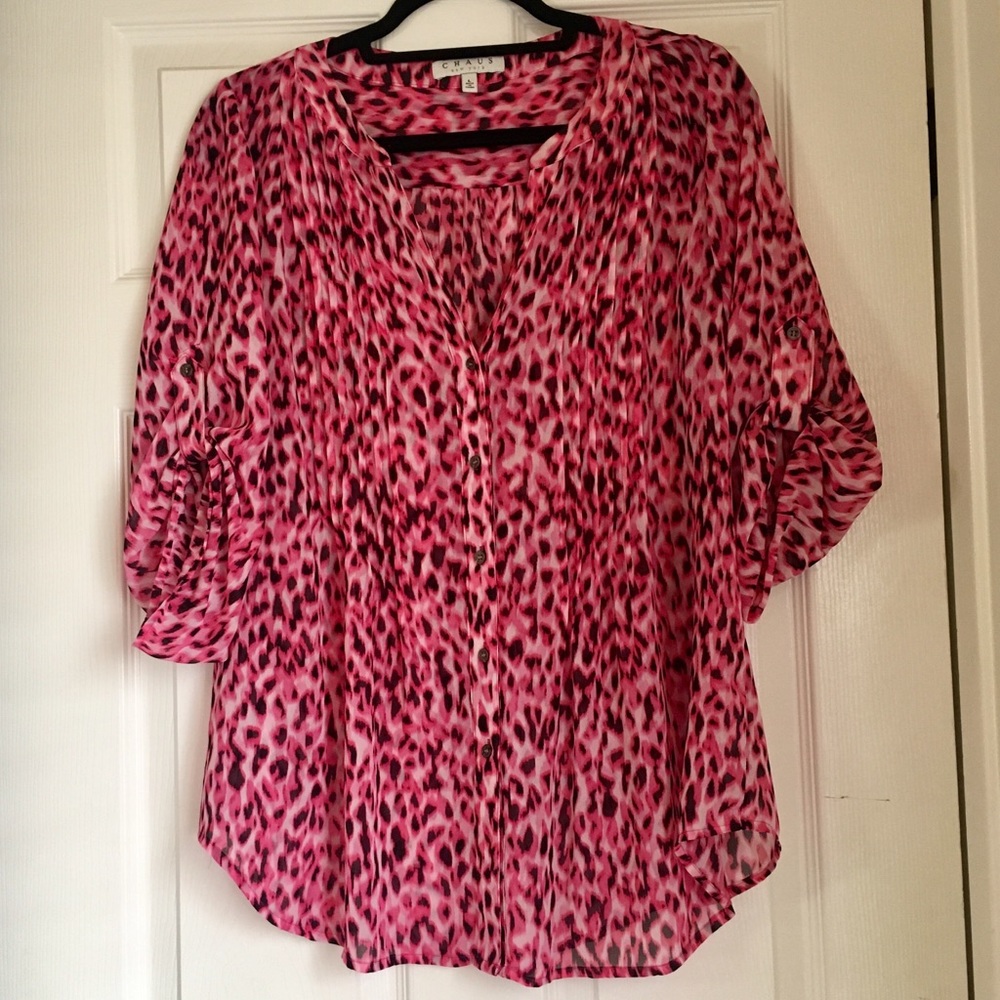 Chaus New York Pink Leopard Print Pintuck Blouse